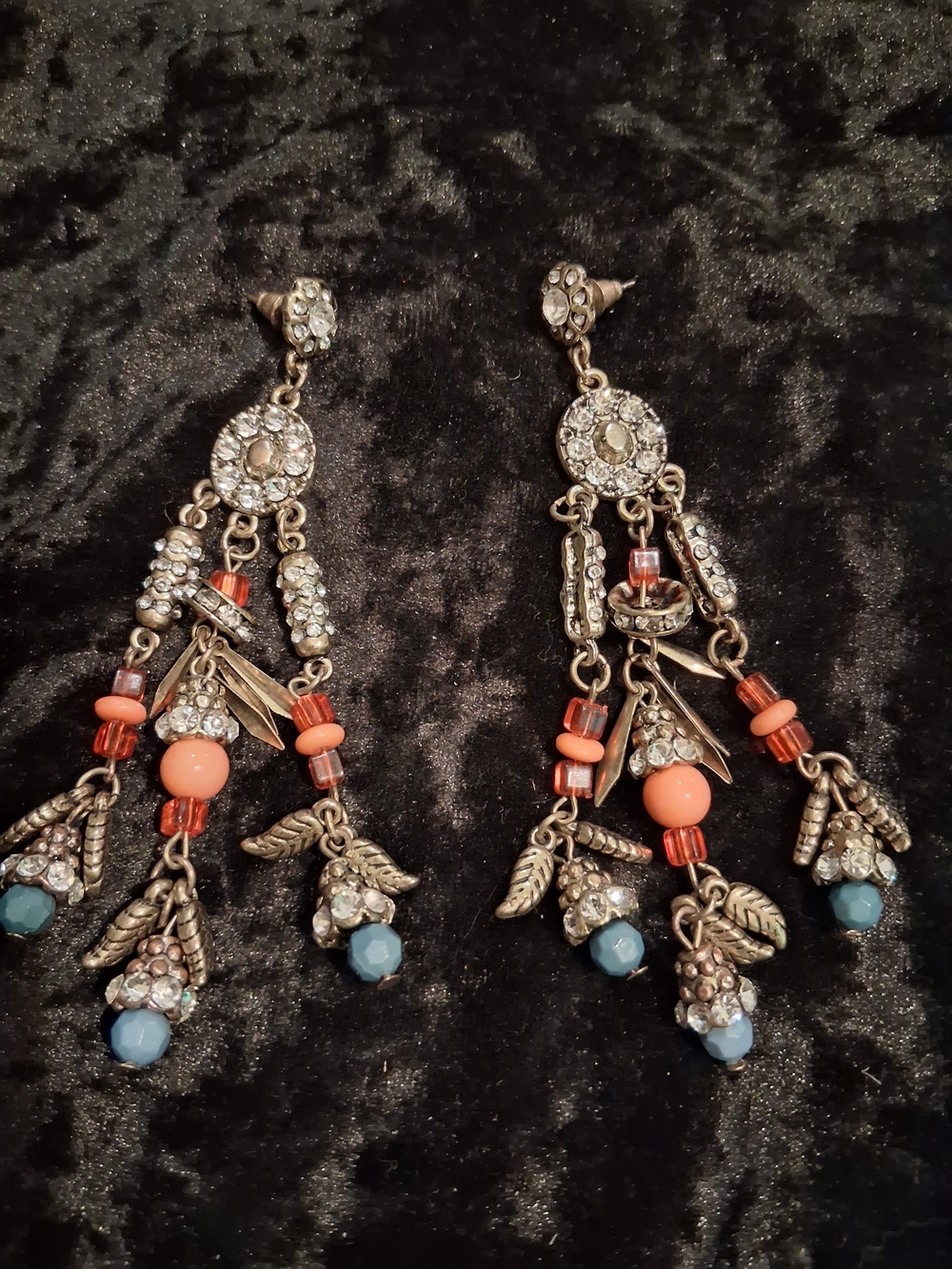 J. Crew Coral and Light Blue Crystal Tassel Earrings